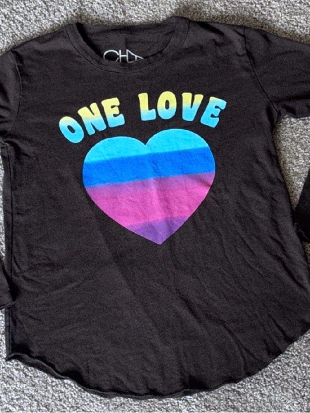Chaser Kids Girls Size 10 Black Long Sleeve "One Love" Rainbow Heart Graphic Top